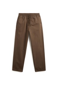 Brown, relaxed-fit pants with a drawstring waist, smooth texture, and side pockets. Simple design with straight legs.