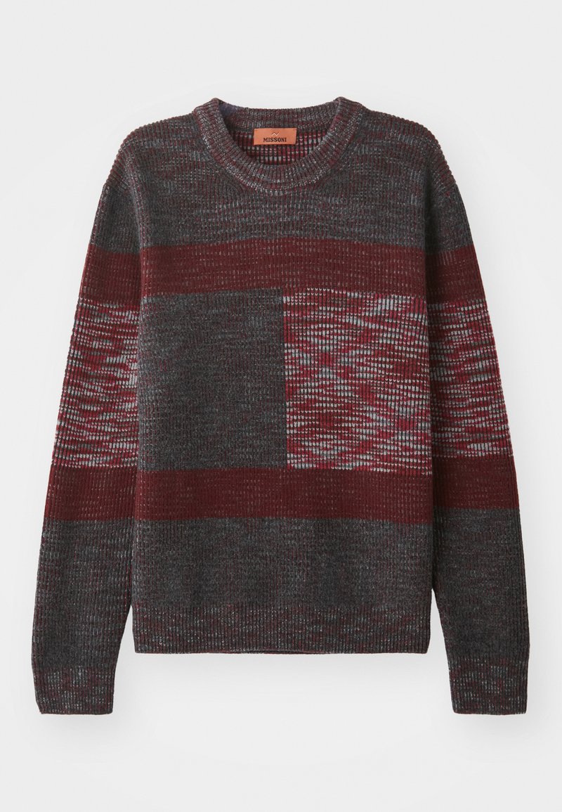 Knit sweater with a circular neckline, featuring a pattern of dark gray and burgundy blocks, textured knit, and varying stripe designs.