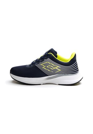 Navy running shoe with yellow accents, mesh upper, and white midsole. Features horizontal stripes on the side and a textured heel.