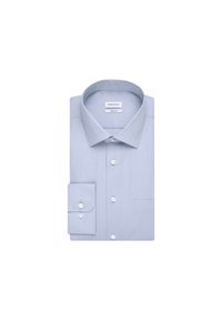 Ljusblå skjorta i slät tyg, med klassisk krage, långa ärmar med knäppningar vid handleden och en enda bröstfick.