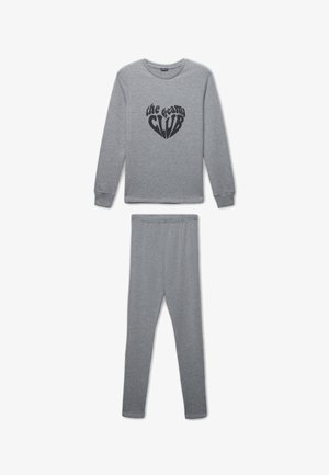 Ensemble comprenant un haut gris à manches longues et un legging assorti, le haut présente un design textuel noir avec l'inscription "the dreams CLUB" en forme de cœur stylisé sur le devant.