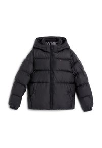 Schwarze Pufferjacke mit Kapuze, mit einem Reißverschluss vorne, elastischen Bündchen und einem Logo-Detail. Hergestellt aus glattem, isoliertem Material.