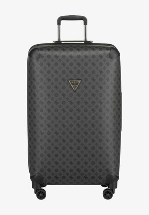 Valigia rigida in materiale nero testurizzato, caratterizzata da un design a motivi, maniglia estensibile e quattro ruote nere per una facile mobilità.