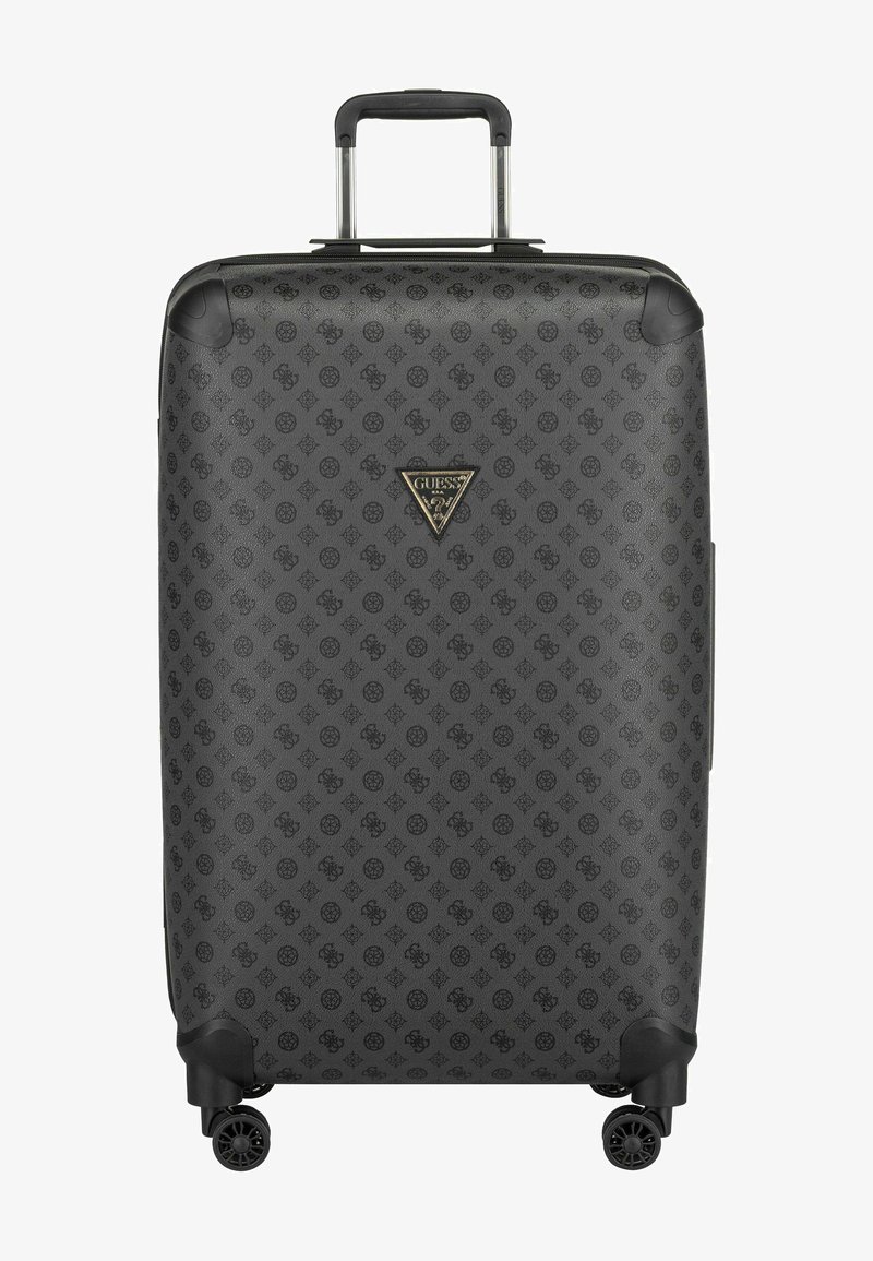 Valigia rigida in materiale nero testurizzato, caratterizzata da un design a motivi, maniglia estensibile e quattro ruote nere per una facile mobilità.