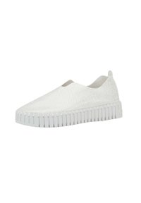 Weiße Slipper mit einem strukturierten, gewebten Obermaterial und einer flexiblen, weißen Gummisohle mit vertikalen Rillen.