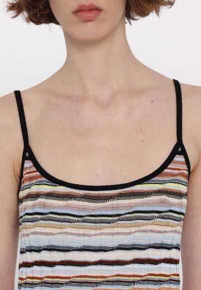 Striped, fitted tank top with thin black straps. Material features colorful horizontal lines in shades of blue, brown, yellow, and peach.