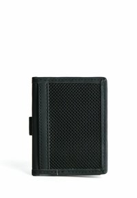 Portafoglio nero con un pannello a rete testurizzato e bordi in pelle liscia. Caratterizzato da dettagli cuciti e una linguetta laterale per l'apertura.