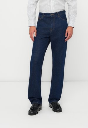 Donkerblauwe spijkerbroek met rechte pijpen, gemaakt van denim, met een voorclosure, vijf zakken en contrasterende stiksel details.