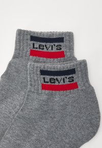 Gray cotton ankle socks with ribbed cuffs, featuring navy and red striped accents and black "LEVIS" logo on the cuff.