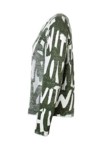 Grüner und weißer Langarmpullover mit einem auffälligen, abstrakten Muster. Weicher Stoff mit einem leicht lockeren Schnitt und abgerundetem Halsausschnitt.