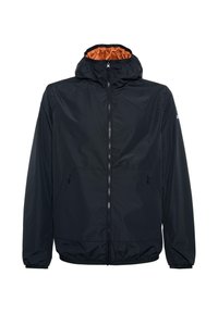 Giacca leggera nera con fodera interna arancione, cappuccio regolabile, chiusura con zip e polsini elasticizzati. Presenta due tasche laterali.