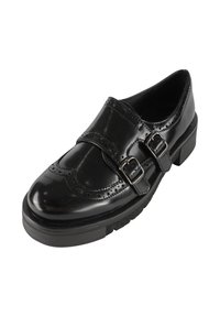Scarpa in pelle nera con due cinturini a fibbia, dettagli brogue, punta rotonda e tacco basso a blocco. Finitura liscia e lucida con suola testurizzata.