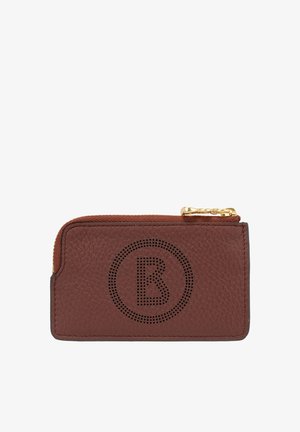 Braune Lederbörse mit strukturierter Oberfläche, die ein durchstochendes Kreisdesign und einen goldenen Reißverschlussakzent aufweist.