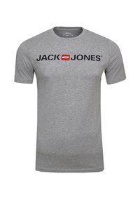 Graues Baumwoll-T-Shirt mit Rundhalsausschnitt und kurzen Ärmeln, mit dem „JACK & JONES“-Logo in Schwarz und Rot über der Brust bedruckt.