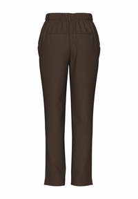 Bruine broek met een elastische tailleband, voorzien van twee achterzakken en een recht model, gemaakt van gestructureerde stof.
