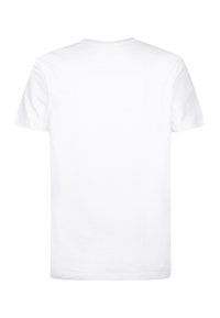 Bílý krátký rukáv tričko z pohledu zezadu s klasickým výstřihem a bez viditelných log nebo vzorů.