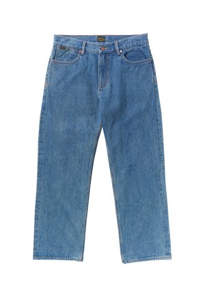 Light blue denim jeans with a relaxed fit, straight legs, subtle fading, five pockets, and a button closure at the waist.