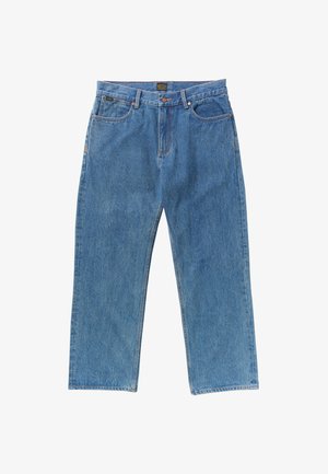 Hellblaue Denim-Jeans mit lässiger Passform, geraden Beinen, subtiler Verfärbung, fünf Taschen und einem Knopfverschluss am Bund.