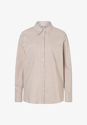 Light brown button-up shirt with white vertical stripes, featuring a collar, two chest pockets, and long sleeves with striped cuffs.