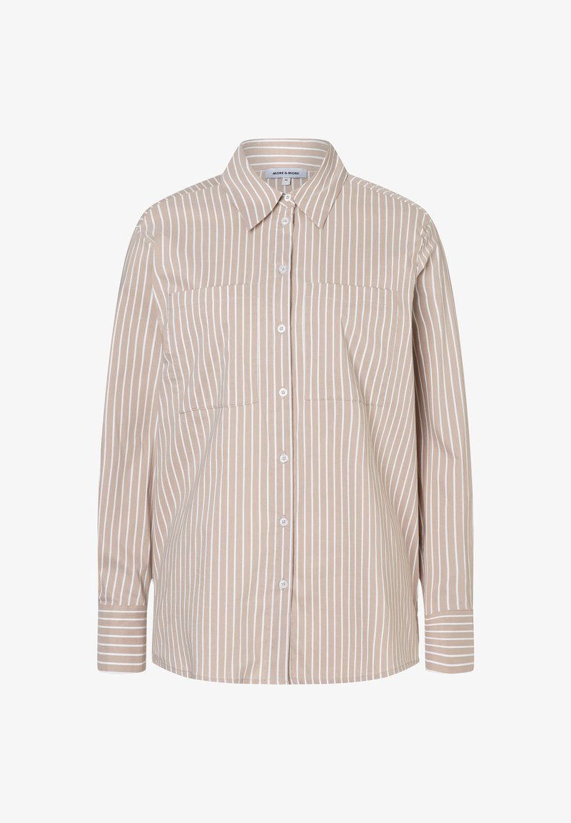 Light brown button-up shirt with white vertical stripes, featuring a collar, two chest pockets, and long sleeves with striped cuffs.