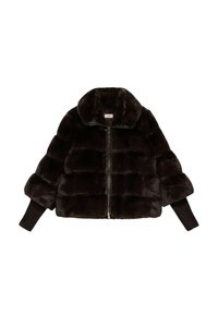 Brązowa kurtka z sztucznego futra z zamkiem z przodu, kołnierzem oraz ściągaczami na mankietach. Posiada pikowany wzór i teksturowaną, puszystą powierzchnię.
