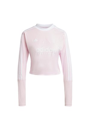 Šviesiai rožinė ilgomis rankovėmis trumpoji palaidinė, pagaminta iš lygios medžiagos, su balta Adidas logotipu ir trimis baltomis juostomis ant rankovių.