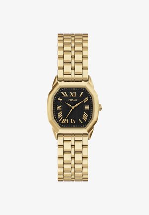 Montre bracelet Fossil dorée avec cadran octogonal noir, chiffres romains, index des minutes et bracelet métallique à maillons.