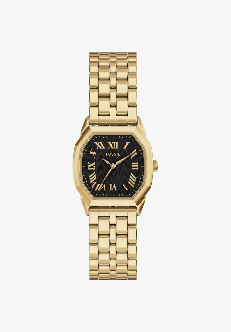 Montre bracelet Fossil dorée avec cadran octogonal noir, chiffres romains, index des minutes et bracelet métallique à maillons.