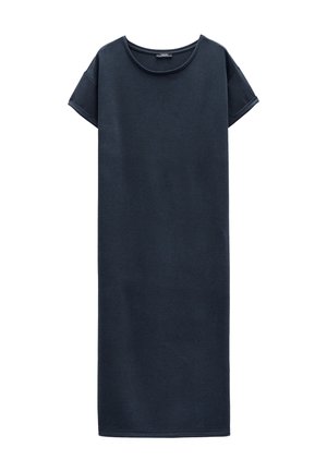 Granatowa bawełniana sukienka z krótkimi rękawami, okrągłym dekoltem i prostym krojem, z jednolitą fakturą i długością do kolan.
