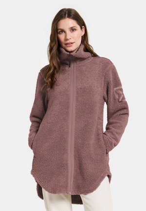Fleecejacke in gedämpftem Mauve, mit hohem Kragen, durchgehendem Reißverschluss, Seitentaschen und kontrastierendem Besatz. Weicher, strukturierten Stoff mit lässiger Passform.