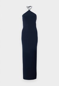 Mørkeblå halterneck-kjole, tettsittende design, gulvlengde, laget av glatt stoff, med en tynn knyting i nakken og detaljer med utskjæring i siden.