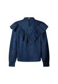 Blusa in denim scuro con un design sul retro a volant, maniche lunghe con polsini a bottoni e chiusura a chiave con bottone al collo.