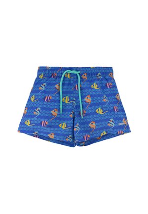 Bañador azul con estampado colorido de peces tropicales y cordón azul claro en una cintura elástica.