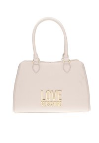 Borsa a mano beige chiaro con design strutturato, hardware dorato e logo "LOVE MOSCHINO" impresso. Presenta manici doppi e chiusura con zip.