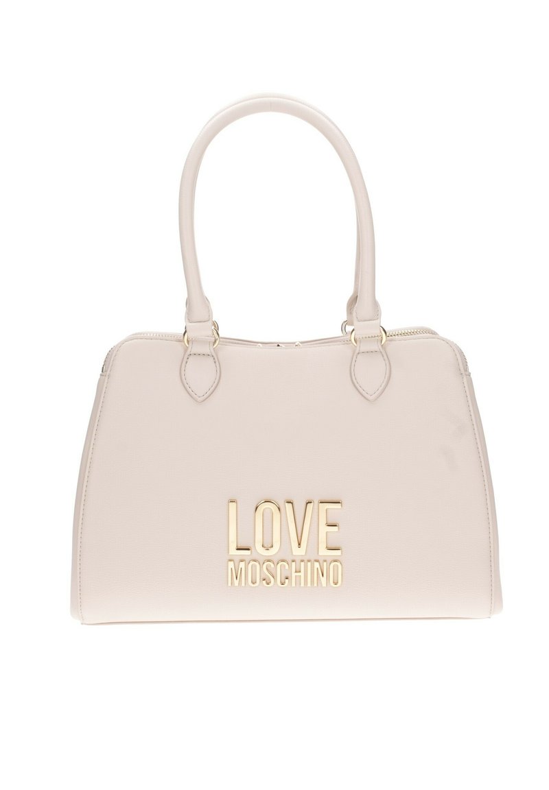 Borsa a mano beige chiaro con design strutturato, hardware dorato e logo "LOVE MOSCHINO" impresso. Presenta manici doppi e chiusura con zip.