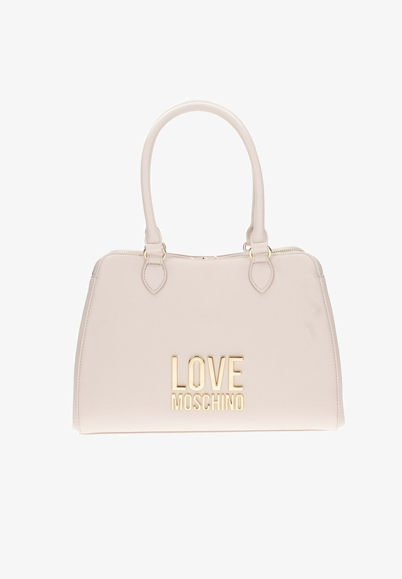 Borsa a mano beige chiaro con design strutturato, hardware dorato e logo "LOVE MOSCHINO" impresso. Presenta manici doppi e chiusura con zip.