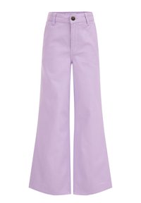 Světle fialové široké legíny vyrobené z denimu, s předním zapínáním na knoflík a zadními kapsami s viditelnými švy.