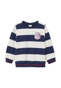 Felpa a righe navy e bianche con polsini e orlo a coste. Presenta un vivace patch del logo "Dino Kickers" sul petto. Realizzata in tessuto morbido.