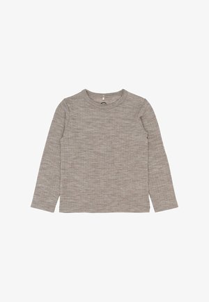 Cămașă lungă cu mânecă, de culoare gri deschis, confecționată dintr-un material texturat, având decolteu rotund și închidere cu capse pe umăr pentru o îmbrăcare ușoară.