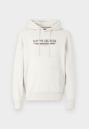 Lichtgrijze hoodie van een katoenmix, met een voorzak, verstelbare trekkoordkap en logo-print in marineblauw en bordeaux.