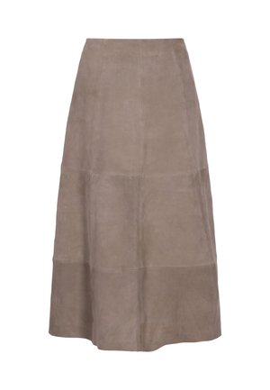 Brown suede skirt with a flared silhouette. Features panelled sections and a smooth texture. Mid-length design suitable for various occasions.