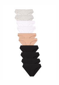 Nove paia di mutandine da donna esposte in una pila verticale. Colori: grigio, bianco, nudo e nero. Il materiale sembra morbido con una texture liscia.