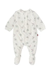 Pijama de pie de algodón suave, blanco con puntos de colores y patrones de animales caprichosos. Presenta mangas largas, cierre a presión y puños.