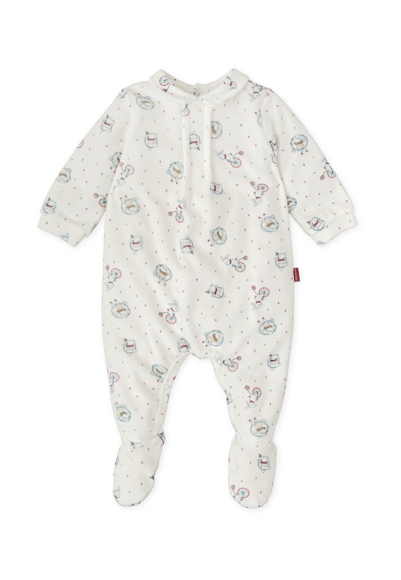 Pijama de pie de algodón suave, blanco con puntos de colores y patrones de animales caprichosos. Presenta mangas largas, cierre a presión y puños.