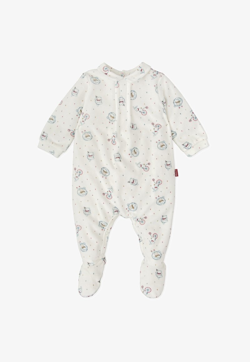 Pijama de pie de algodón suave, blanco con puntos de colores y patrones de animales caprichosos. Presenta mangas largas, cierre a presión y puños.