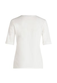 T-shirt blanc à manches courtes, col rond et poignets de manches retroussés. Tissu lisse avec un design minimaliste et sans motifs visibles.
