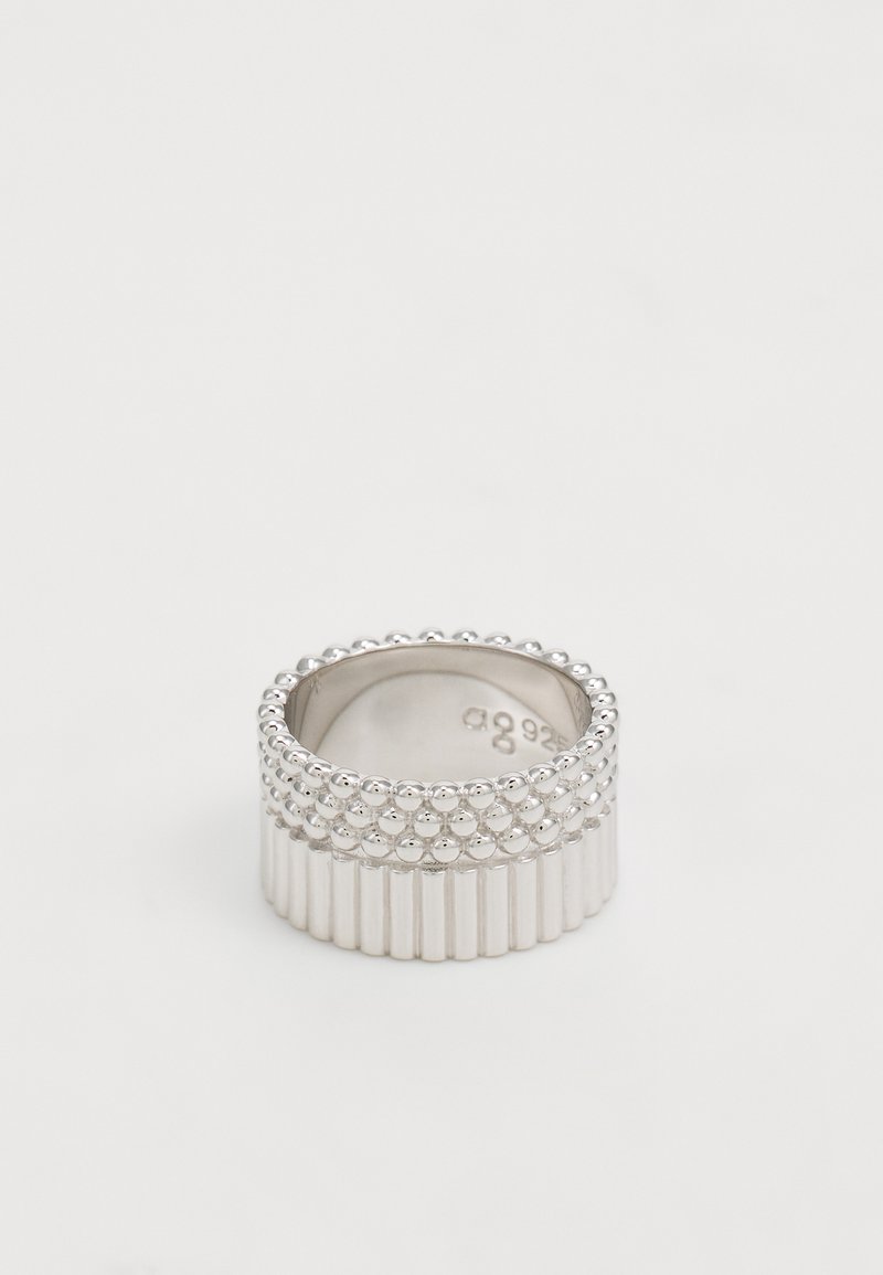 Bague en argent avec un design texturé, alternant des crêtes et des accents sphériques, finition polie et bande intérieure lisse.