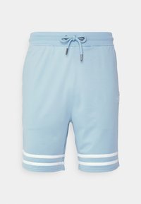 Shorts de sport en bleu clair en tissu respirant ; disposent d'une taille avec cordon de serrage, d'accents rayés blancs sur l'ourlet et d'une surface texturée.