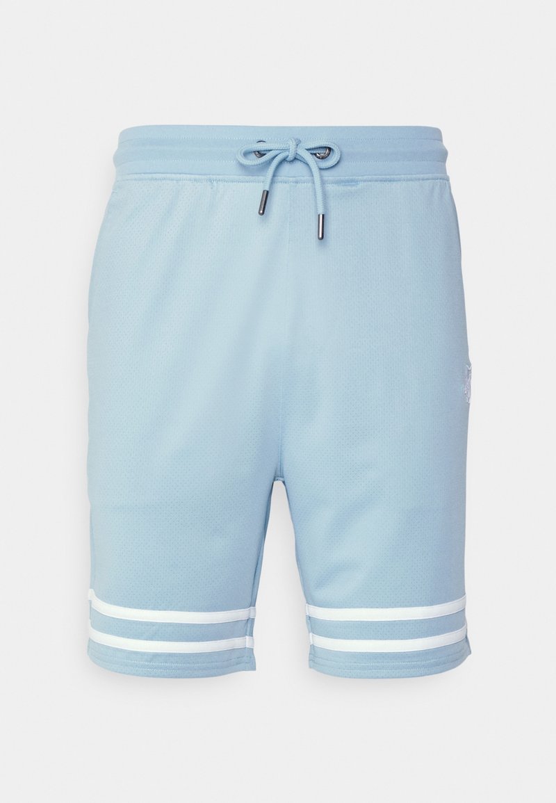 Shorts de sport en bleu clair en tissu respirant ; disposent d'une taille avec cordon de serrage, d'accents rayés blancs sur l'ourlet et d'une surface texturée.