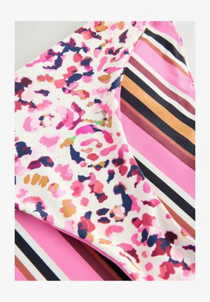 Mugav mitmevärviline bikiinide ülemine osa, millel on valge alus roosa ja sinise abstraktsete laikudega, millele on lisatud roosa, kuldse ja tumesinise triibuline muster.